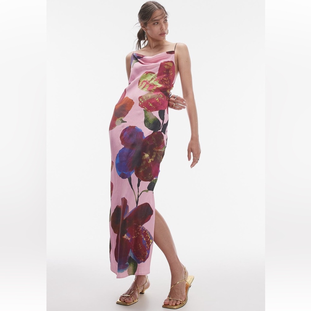 Topshop cowl neck scoop back midi dress in blurred floral